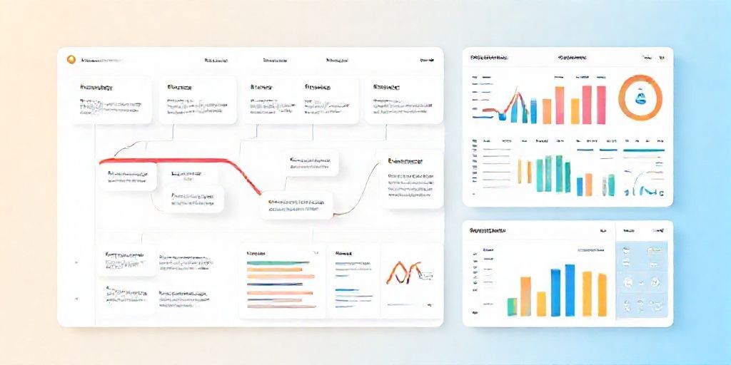 A conceptual illustration of long-term SEO strategy: roadmap, technical audits, content calendar, and analytics dashboards, modern flat design with Persian text snippets, clear colors