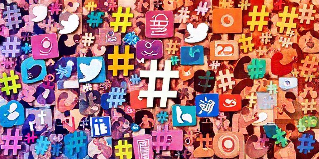 A vibrant collage of social media icons with colorful hashtag symbols overlayed, showing diverse users engaging on smartphones and laptops, warm tones, high detail, dynamic composition